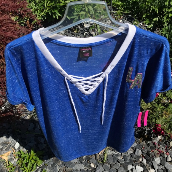 Material Girl Lace up V-neck “LA” Bling T-shirt - Picture 11 of 16